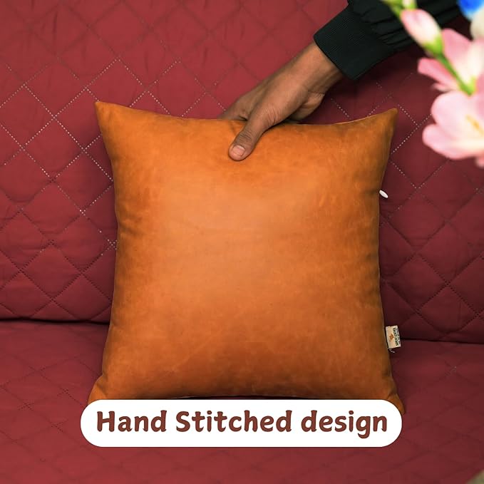 Genuine Lambskin Leather Pillow Cover, 22x22 Inch Case for Lumbar Throw Couch Pillows, Thick & Soft Cushion Covers for Sofa Bed Home Décor (Caramel Brown Pack of 2)