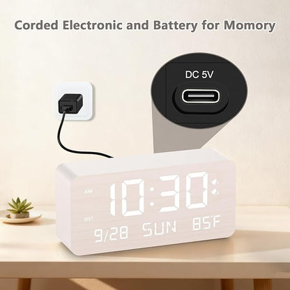 Wooden Digital Alarm Clock for Bedroom - Desk Clock with Date, Day of Week, Temperature, Dual Alarms, Dimmer, USB Port Charge, DST, Adjustable Volume for Living Room/Office Wood Decor (White)