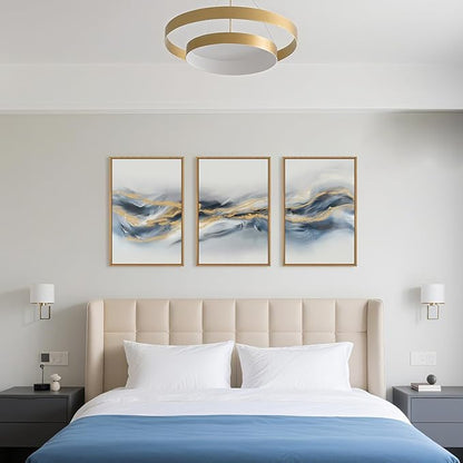 Large Abstract Navy Blue Gold Framed Canvas Wall Art,Watercolor Brush Stroke Wall Decor,Neutral Geometric Wave Artwork,Modern Minimalist Shape Art Print for Living Room,Bedroom,Office-16"x24"x3