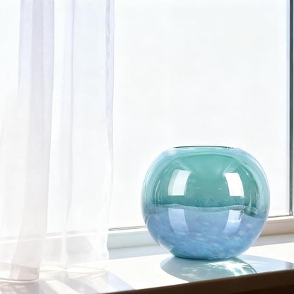Teal Glass Vase – 7.1in Hand Blown Wide Mouth Art Glass Vase – Turquoise Decorative Vase for Flowers, Centerpieces, Bookshelf, Bathroom, Dining Table or Living Room Display