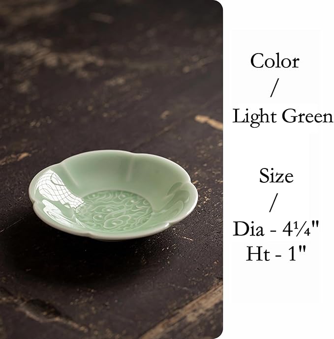 Green Ceramic Trinket Dish, 4.1 Inch Small Jewelry Tray with Auspicious Cloud Motifs (Symbolizing Good Fortune), Decorative Jewelry Holder for Vanity & Nightstand, Gift Packaging for Culture Lovers