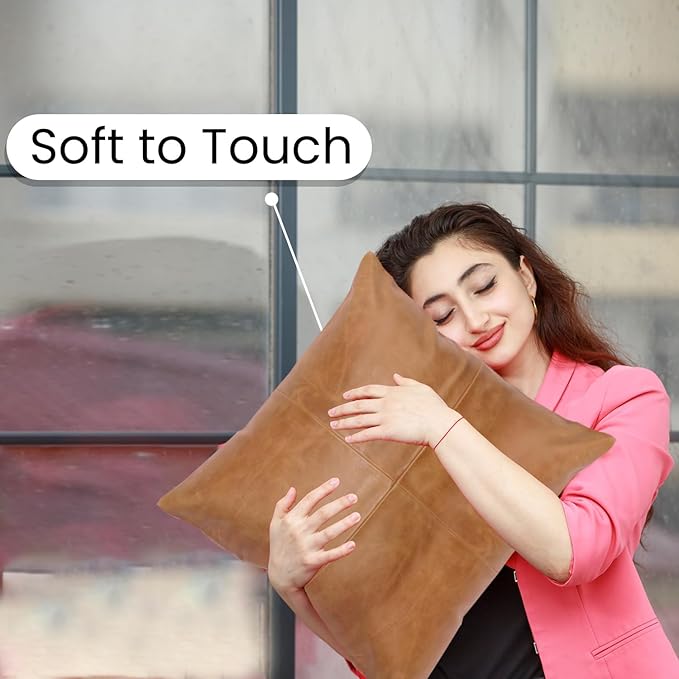 LL LEATHER LOVERS Lambskin Leather Pillow Cover - Sofa Cushion Case - Decorative Throw Covers for Living Room & Bedroom, 20x20 Inches - Gold Beige Plain (01) Pack of 2