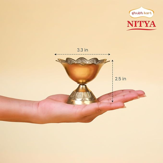 Shubhkart Brass Oil Lamp for Puja/ Burner/ Diya for Diwali Pooja | Indian Pooja Oil Lamp, Golden Diya Lamp, 3" Devas Diya | Engraved Floral Design
