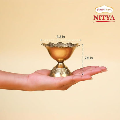 Shubhkart Brass Oil Lamp for Puja/ Burner/ Diya for Diwali Pooja | Indian Pooja Oil Lamp, Golden Diya Lamp, 3" Devas Diya | Engraved Floral Design