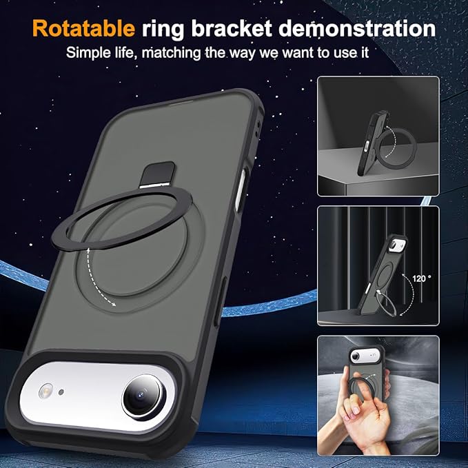 Compatible with iPhone 17 Air Case with Invisible Magnetic O-Ring Stand Military-Grade Translucent Phone Case for iPhone 17 Air 6.5" [Compatible with Mag-Safe][Great Grip Feeling], Black