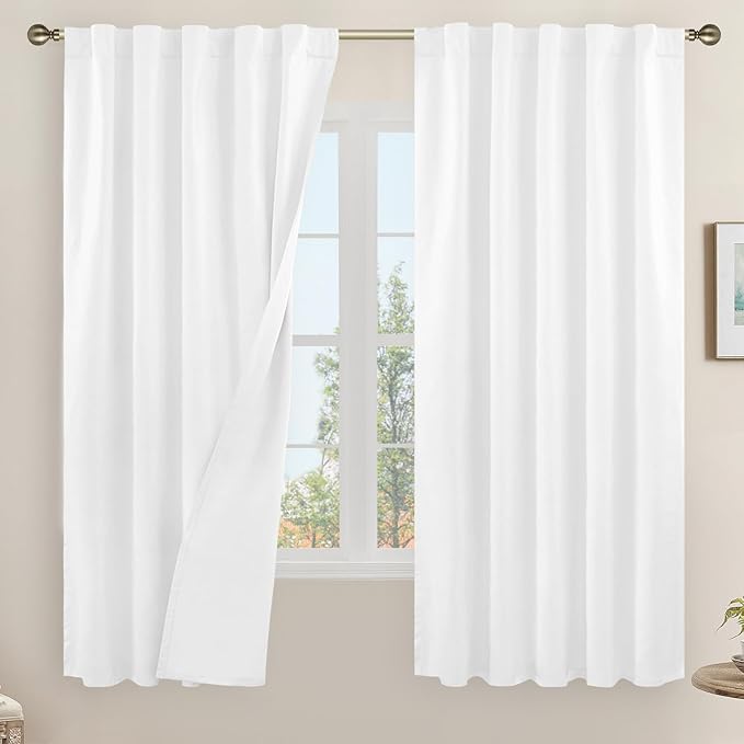 LAMIT White 100% Blackout Linen Curtains, 63 Inches Linen Textured Thermal Bedroom Curtains Back Tab and Rod Pocket Neutral Panels with White Liner for Short Windows, 2 Panels, 42 x 63 Inch