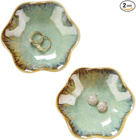 2PCS Ring Holder Dish, Small Key Bowl, Ceramic Trinket Tray Jewelry Dish Organizing Necklace Earrings for Mom Friend Sister, All Jewelries Are NOT Included. Crystal Green.
