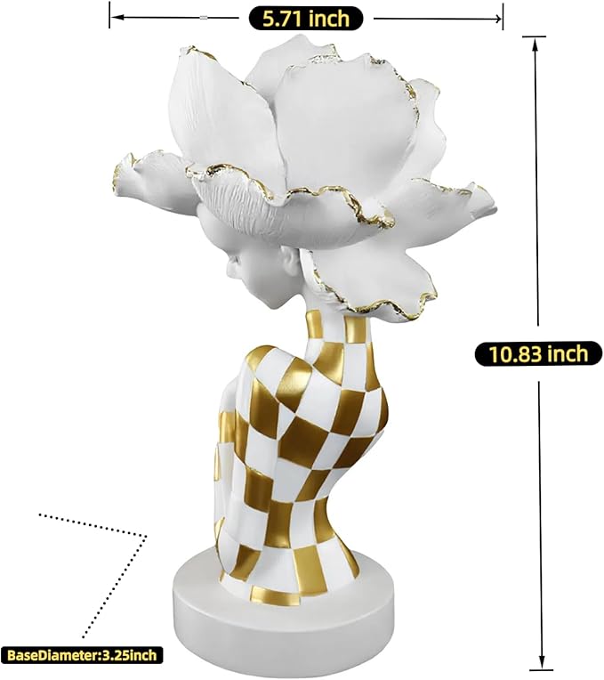 White and Gold African Woman Sculpture – Elegant Resin Figurine with Floral Headpiece, Modern African Art Statue for Home Decor, Cultural Figurine Gift for Women