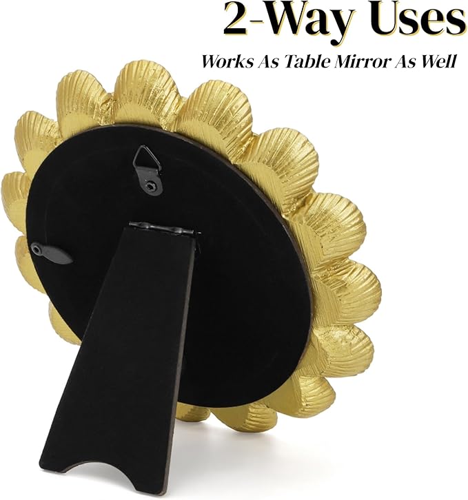 6.5" Vintage Vanity Makeup Desk Mirror, Small Gold Round Mirror for Table, Antique Scallop Edged Wall Mirror Decorative for Living Room Bedroom Dressing Tabletop