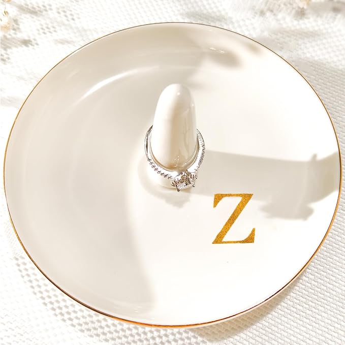 Ceramic Initials Jewelry Tray Ring Dish With Personalized Z-Monogrammed Engagement Wedding Gifts, for Birthday Mother's Day for Women, Ceramic White 4.7" x2.4"