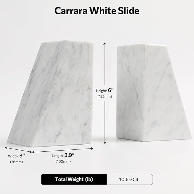 Luxury Marble Bookends for Shelves, 11LB Heavy Duty Marble Book Ends for Heavy Books, Stone Bookends Decorative, Polished, Carrara White Triangular, Set of 2