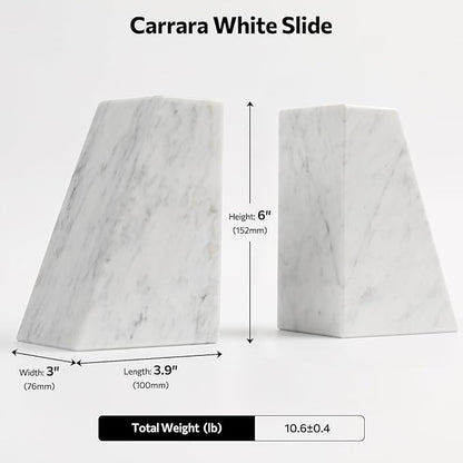 Luxury Marble Bookends for Shelves, 11LB Heavy Duty Marble Book Ends for Heavy Books, Stone Bookends Decorative, Polished, Carrara White Triangular, Set of 2