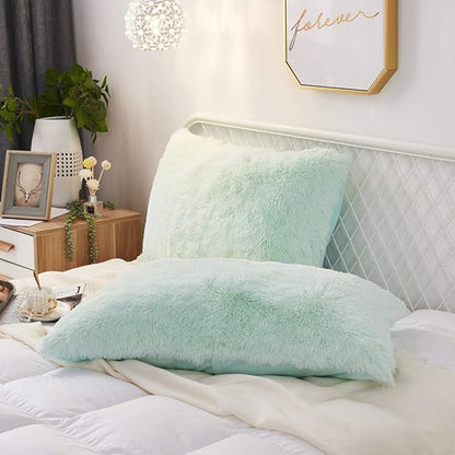 Uhamho Set of 2 King Faux Fur Throw Pillow Covers Soft Velvet Decorative Pillowcases Zipper Closure(20 x 36 Inches Aqua)