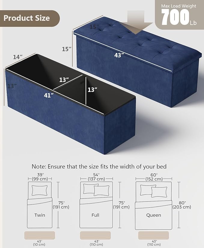Folding Storage Ottoman Bench, Multi-Functional Ottoman Foot Rest, End of Bed Bench, Storage Chest for Living Room, Bedroom, Hallway, Entryway, Holds Up to 600 lbs (Navy Blue, 43 Inches)