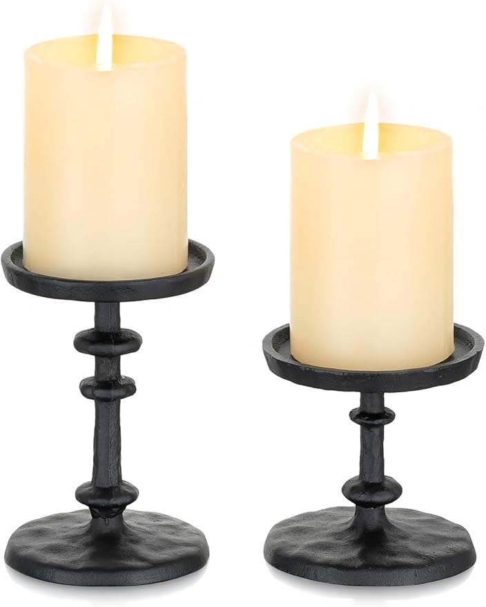 NUPTIO Pillar Candle Holder Black: Solid Cast Iron Candle Stand for 3 Inch Pillars - Handcrafted Hammered Candleholder for Thanksgiving Christmas Fireplace Mantle Decor