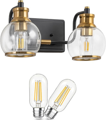 2 Light Modern Bathroom Light Fixtures Over Mirror (LED Bulbs Included), Black Gold Vanity Lights for Bathroom Wall Sconces with Clear Globe Glass Glass Shades