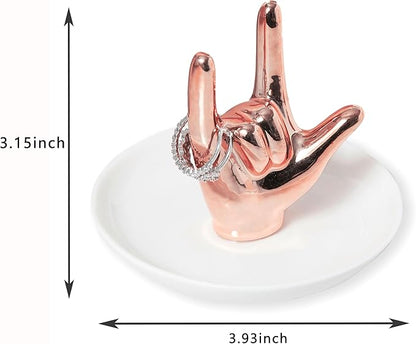I LOVE YOU Hand Ring Holder - Ceramic Jewelry Holder Dish Trinket Tray for Rings, Earrings, Necklace Organizer, Engagement & Wedding Ring Holder, Christmas & Birthday Gifts (Rose Gold)