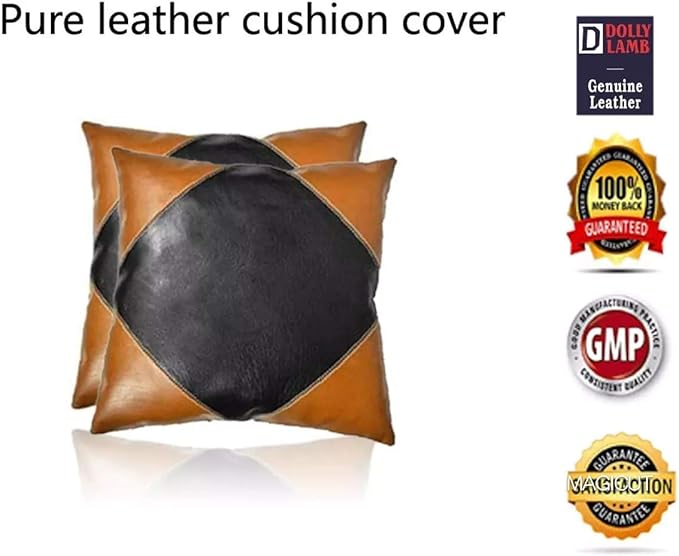 D DOLLY LAMB Lambskin Leather Pillow Cover - Sofa Cushion Case - Decorative Throw Covers for Living Room & Bedroom, 18x18 Inches - Camel Black Pack of 2
