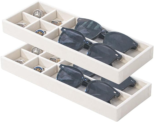 2Pcs Desk Drawer Storage Tray, Nightstand Organizer, Necklace Bracelet Ring Earring Jewelry Display, Grid Table Organizer Holder for Sunglass, Phone, Watch, Perfume (6 grid)/Beige