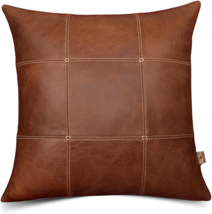 Genuine Lambskin Leather Pillow Cover, 22x22 Inch Case for Lumbar Throw Couch Pillows, Thick & Soft Cushion Covers for Sofa Bed Home Décor (Square Grid Antique Brown Pack of 1)