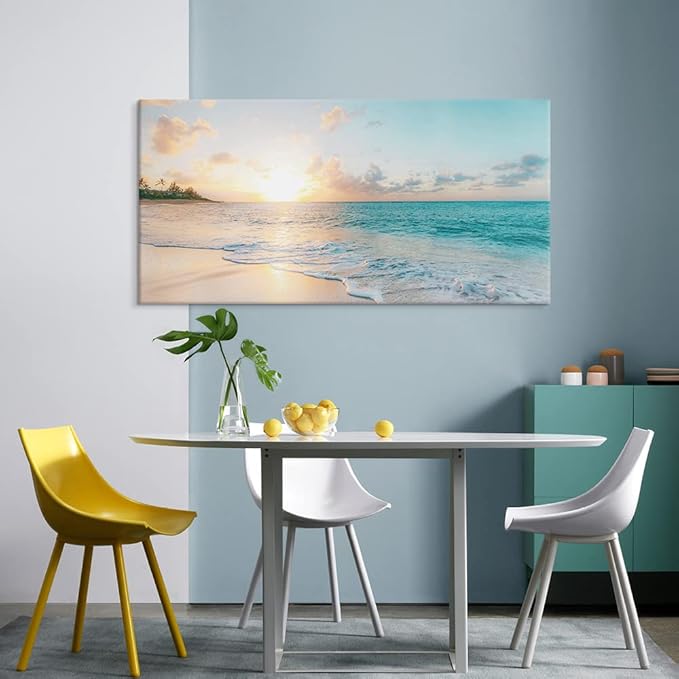 Goldfoilart Large Beach Sunset Canvas Wall Art for Living Room Blue Sea Prints Romantic Ocean Waves Pictures Painting Bedroom Home Office Wall Decor Ready to Hang 24x48Inch