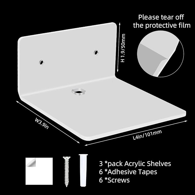 3 Pack Small Floating Shelves - 4'' Acrylic Mini Wall Shelf for Bedroom, Bathroom, Living Room, Office (2 Types of Installation