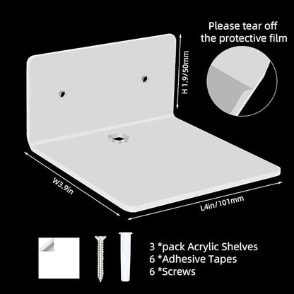 3 Pack Small Floating Shelves - 4'' Acrylic Mini Wall Shelf for Bedroom, Bathroom, Living Room, Office (2 Types of Installation