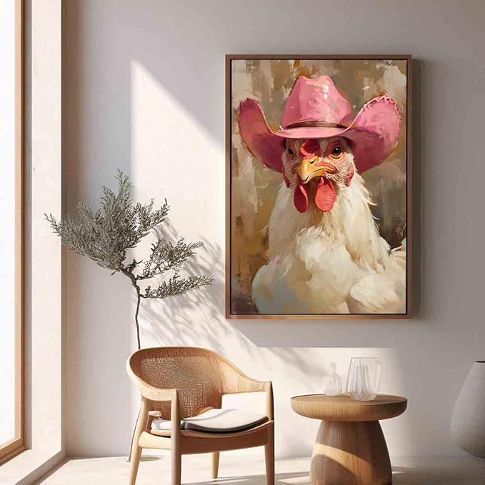 Farm Animal Prints Farmhouse Chicken Artwork Funny Animal Wall Art Vintage Cowboy Print Hen Rooster Painting Vintage Western Cowboy Posters Western Chicken Picture Home Decor 16x24inch No Frame