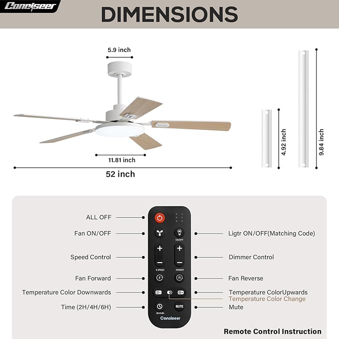 52 Inch Ceiling Fans with Lights and Remote for Bedroom Living Room Kitchen Office, Indoor/Outdoor Use, 5CCT Dimmable, 5 Blades, 6 Speed Reversible Quiet DC Motor, White/Wood Grain