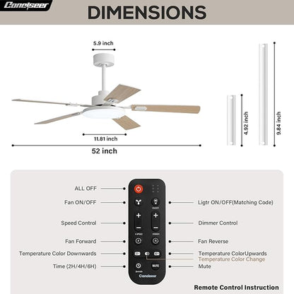 52 Inch Ceiling Fans with Lights and Remote for Bedroom Living Room Kitchen Office, Indoor/Outdoor Use, 5CCT Dimmable, 5 Blades 6 Speed Reversible Quiet DC Motor, White/Wood Grain, 2 Pack