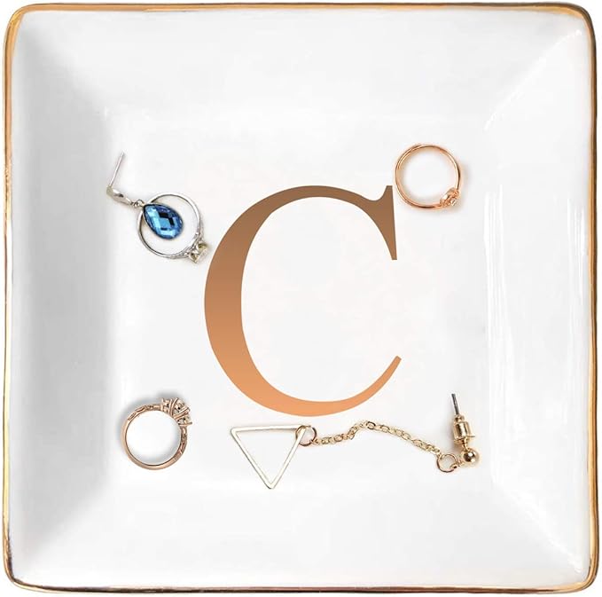 ANOTION Jewelry Tray Ring Dish with Ini-tial Gift- Personalized Trinket Dish and Jewelry Dish with Gold Initials Key Bowl Ceramic Holder, Unique Wedding or Engagement Present