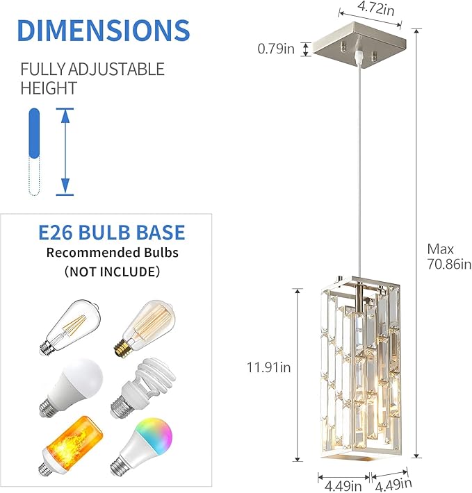 Brass Nickel Pendant Lighting Modern Pendant Light, Mini Crystal Chandeliers, Adjustable Pendant Light Fixture for Kitchen Island Dinning Room Bedroom (2 Pack)