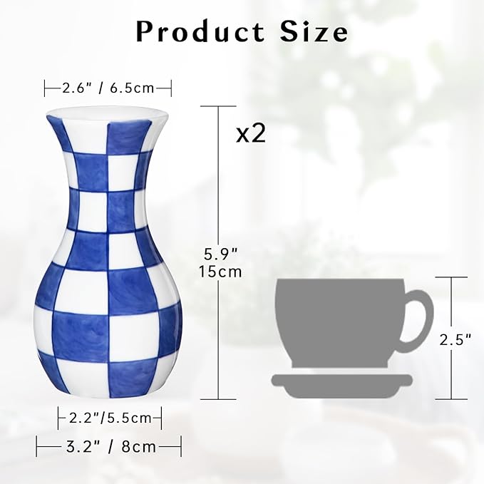 Small Blue and White Vase, 2-Pack 6 Inch Bud Ceramic Flower Vase, Retro Chinoiserie Vases for Fresh Dried Silk Flower Decor Side Table Living Room Bookshelf Antique Grand Millennial - Plain Glazed