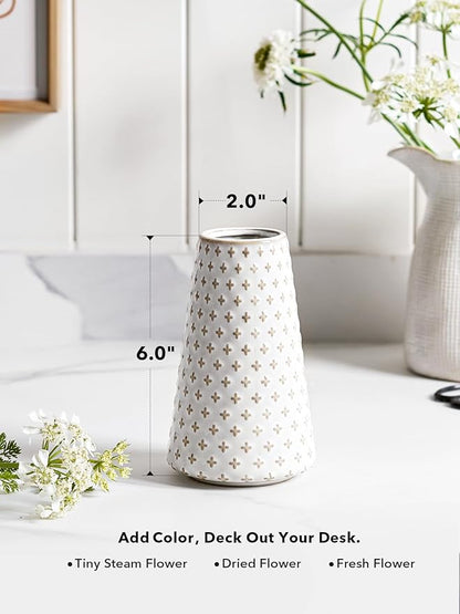 Small Flower Vase for Decor, 6 Inch White Ceramic Embossed Vase for Lego Flowers, Tulip and Pampas Grass, Home Living Room Dining Table Office Decor, Arctic White-Clover