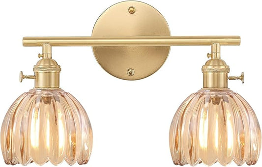 Bathroom Light Fixtures, 2-Light Brass Vanity Wall Light Over Mirror with Amber Tulip Glass Shade for Bedroom Living Room (Bulb Not Included)