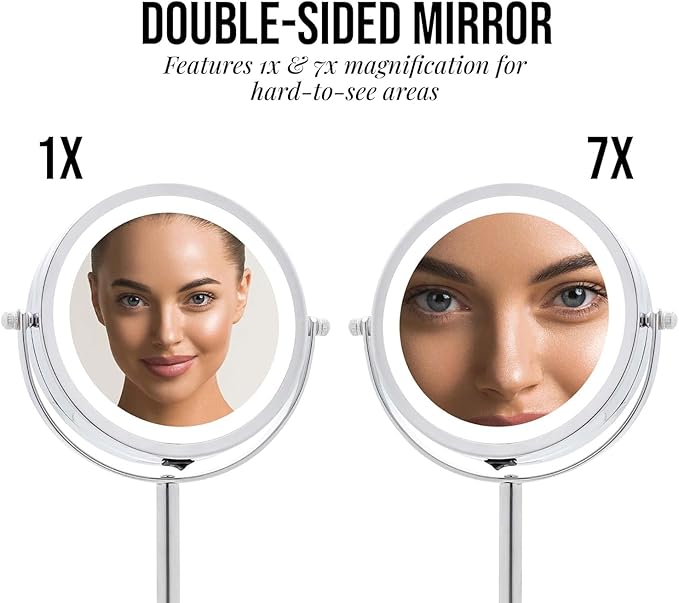 OVENTE 6" Lighted Makeup Mirror with 1X/7X Magnification, Cordless Tabletop Mount Vanity Round Mirror with 360° Swivel Design and Double Sided Cool Tone LED Ring Light, Polished Chrome MLT60CH1X7X