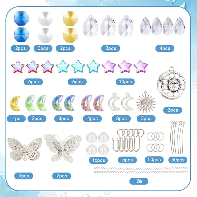 SUNNYCLUE 1 Box DIY 5 Sets Star Moon Suncatchers Kit Rainbow Maker Sun Catchers Butterfly Charms Hanging Suncatchers Glass Crystal Sun Catcher for Windows Indoor Outdoor Home Garden Decor Gifts