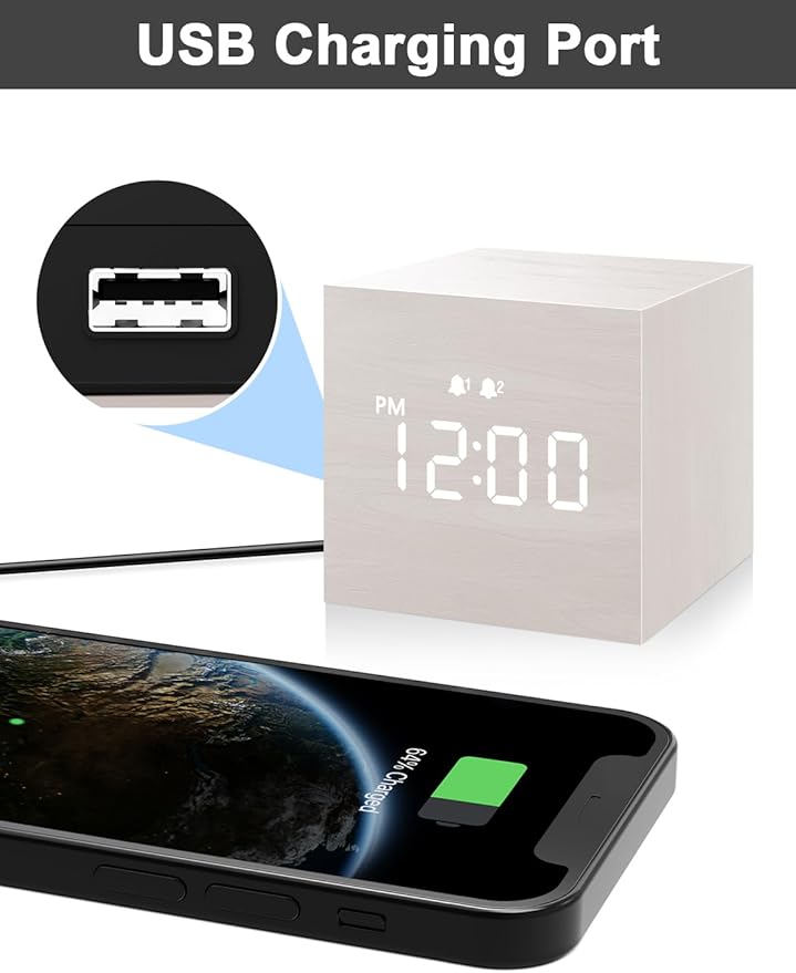 Digital Alarm Clock, with Wooden Electronic LED Time Display, 3 Alarm, 2.5-inch Cubic Small Mini Wood Made Electric Clocks for Bedroom, Bedside, Desk, White