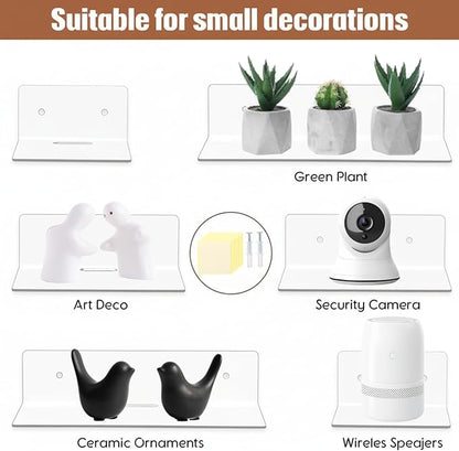Pinkunn 6 Pack 4'' 6'' 9'' Clear Acrylic Floating Shelves for Wall Small Floating Shelf No Drilling with Adhesive or Screw Mini Wall Shelves for Storage Decoration