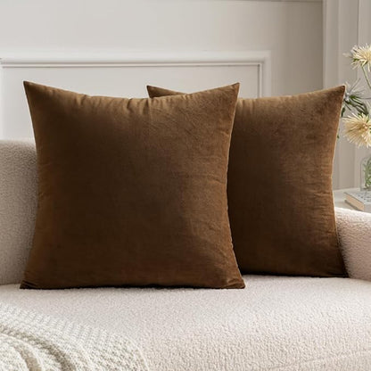 MIULEE Velvet Throw Pillow Covers 16x16 Inch, Pack of 2 - Chocolate, Super Soft Decorative Square Cushion Cases Modern Luxury Home Decor for Sofa,Couch,Bed,Chair