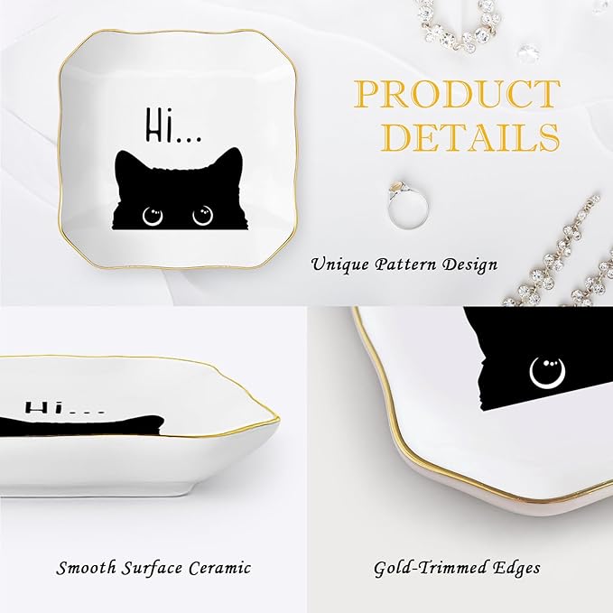 Cute Cat Themed Gifts, Ceramic Jewelry Dish Tray Holder, Trinket Dish, Funny Gifts for Cat Lover Owner Women Friend Birthday, Home Living Room Shelf Desk Table Decor