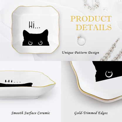 Cute Cat Themed Gifts, Ceramic Jewelry Dish Tray Holder, Trinket Dish, Funny Gifts for Cat Lover Owner Women Friend Birthday, Home Living Room Shelf Desk Table Decor