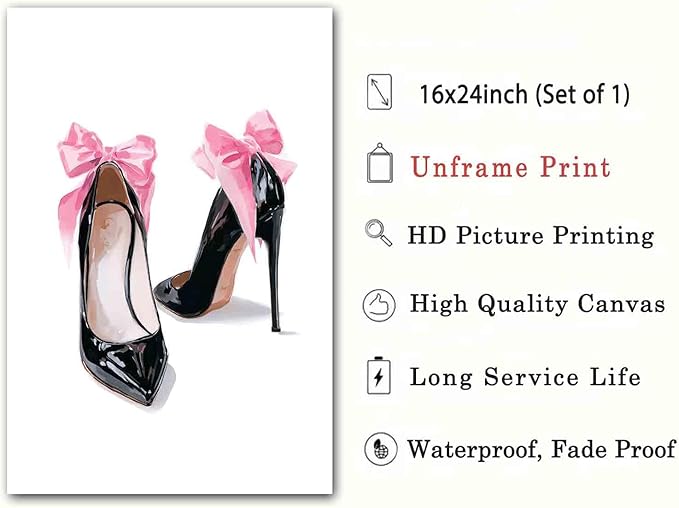 High Heel Canvas Wall Art Pink Heels Picture Pink Bow Picture High Heels Shoe Posters Preppy Vintage Shoes Paintings Girly Trendy Artwork Aesthetic Poster Trendy Pictures Room Decor 16x24inch No Frame