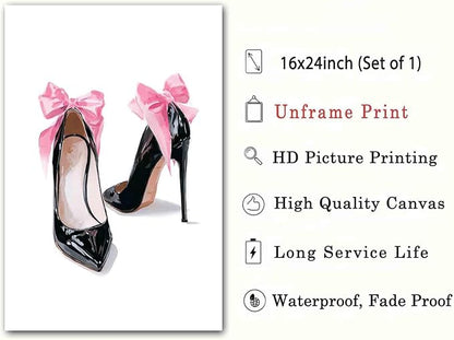 High Heel Canvas Wall Art Pink Heels Picture Pink Bow Picture High Heels Shoe Posters Preppy Vintage Shoes Paintings Girly Trendy Artwork Aesthetic Poster Trendy Pictures Room Decor 16x24inch No Frame
