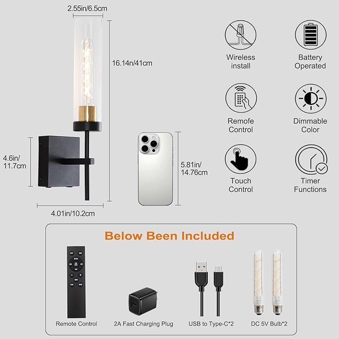 Wall Sconces,Battery Operated Wall Sconce 8000mAh Black Fast Chargin Endurance 100 Hours Infinitely Dimmable 2 Color Bulbs 3000K/6000K with Remote Control Wireless Wall Lights for Bedroom Living