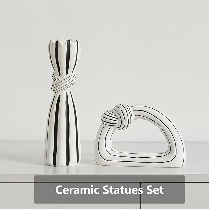 Ceramic Statues Decorative Vase Home Decor Modern Rustic Black and White Striped Knot Statues Set for Living Room, Bedroom, Office, Table Centerpiece, Shelf, Mantel, Set of 2