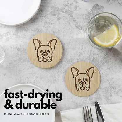 Set of 6 Bamboo Laser-Engraved Fun Dog Coasters with Iron Holder - Gift Packaging 3.9 Inch Non-Stick Absorbent Durable and Unbreakable Wooden Cup Coasters for Dog Lovers (French Bulldog)
