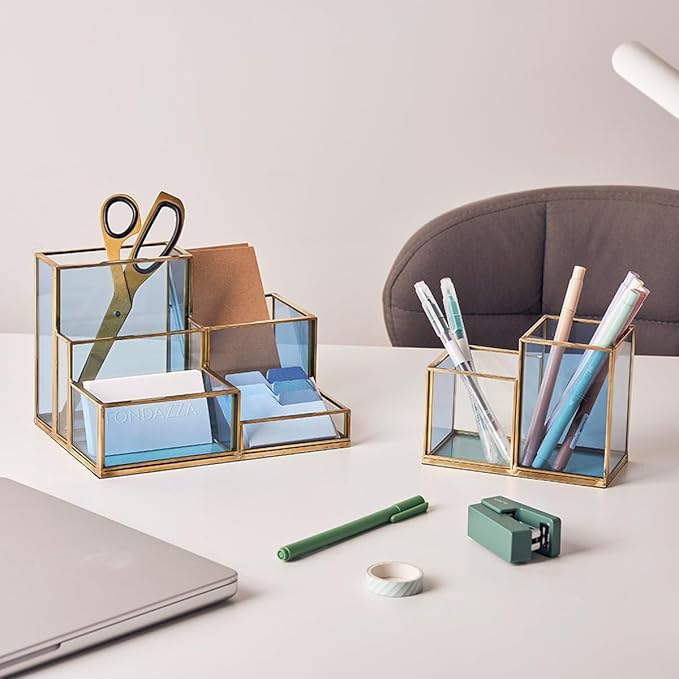 FONDAZZA Gold & Blue Glass Desk Organizer - Elegant Office Decor, Aesthetic Makeup Brush Holder, 2-Compartment Pen Holder, Pencil Cup, Vanity & Cosmetic Storage, Desk Accessories for Women