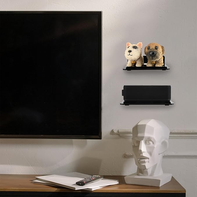 Cosmos Set of 2 Acrylic Floating Wall Shelves Hanging Shelves, Adhesive Wall Display Shelf Stand for Plant Pot, Speaker, Security Camera, Figures in Office and Home, 7.8 x 5.8 Inch (Solid Black)