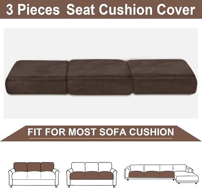 NAISI Couch Cushion Covers 3 Pieces Velvet Stretch Sofa Seat Covers or Backrest Covers Soft Individual Couch Covers for Sectional Sofa(3 Pcs for 3-Seat Cushion,Brown)